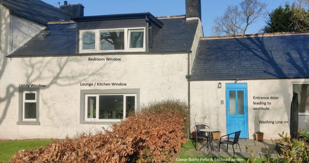 Picture of Cowar Bothy from April 2025 with labels