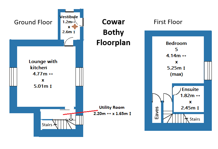 Cowar Bothy Floor Plan, Downstairs Lounge and kitchen and utility room and upstairs bedroom and ensuite